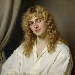 beautiful portrait painting of the androgynous pale blond prince Lucius with long curly blond hair, delicate young man wearing a soft white poet shirt smiling sleepily at the viewer, curtain bangs Center parted fringe over his eyebrows, in love by J.C Leyendecker and Norman Rockwell