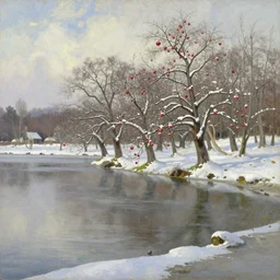 apple trees on the shore of a large lake in winter, extremely detailed oil painting, sargent and leyendecker, savrasov levitan polenov, bruce pennington, tim hildebrandt, digital art, landscape painting, trending on artstation, masterpiece