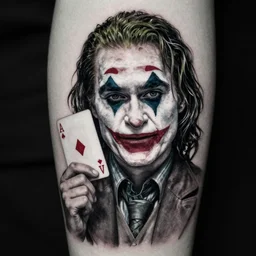 beautiful margot robbie with joker makeup, holding an ace card, black and white, realism tattoo design, hyper realistic