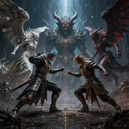futuristic warrior + ancient demon, battle, male, wide angle, mystical, magical, time traveler, angelic, demonic, sinister, hyperdetailed, photorealism, macabre, intricate details, super details, super - resolution, insanely detailed and intricate, cinematic, moody lighting, nebula light rays, 8 k, octane render