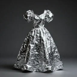 a dress created with crumpled aluminim foil. dramatic lighting. studio photograph. octane render. award winning