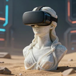 the head of a marble cybernetic lady justice statue wearing a virtual reality headset on ground covered in sand, cyberpunk background, highly detailed, epic lighting, hyper photorealism, 8 k