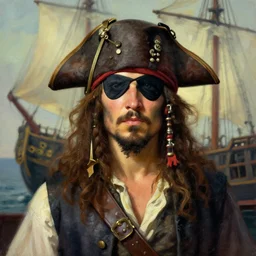 pirate wearing an eyepatch, ship, digital oil paint, by caspar david friedrich