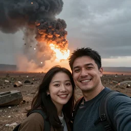 a couple taking a selfie right before an asteroid hits behind them