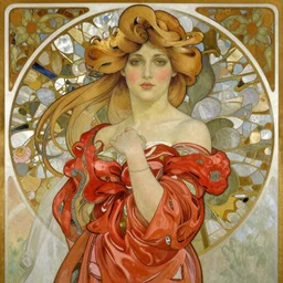 blonde woman in red dress painted by Alfons Mucha