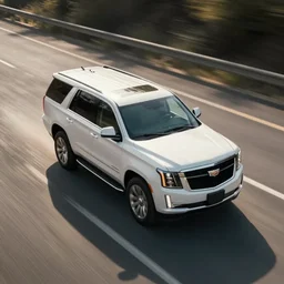 A photo of a white SUV based on a Cadillac Escalade and Chevrolet Tahoe speeding down a highway, overhead angle, action shot