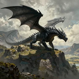 A black dragon casts a shadow on Rivendell, painting by Alan Lee, finely detailed, wide angle