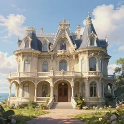 gorgeous complex victorian mansion in a beautiful coastal landscape, sunny sky with fluffy clouds, iredescent soft glow bloom effect, dream - like, baroque portrait painting, perfect composition, beautiful detailed, intricate detailed octane render, unreal engine 5, trending on artstation, 8 k, chiaroscuro, masterpiece, raphael, caravaggio, beksinski, ghibli