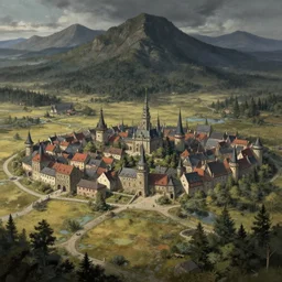 Czarni Czarów, far eastern city, medieval romania and poland buildings, wide dreary plains, dark forest, swamps and rugged mountains, dreary, anime, a fantasy digital painting by Greg Rutkowski and James Gurney, trending on Artstation, highly detailed