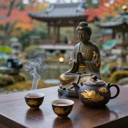 japanese garden, lotus, temple, statue, traditional japanese tea pot, two smoky cup of tea on a wood table, smoky autumn lightings, smoky atmosphere, japanese garden background, micro details, ( ( ( intricate ) gold details ) ), photorealism, crisp, hdr, hasselblad camera, by annie leibovitz