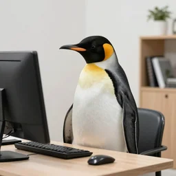a penguin at his desk using a computer.