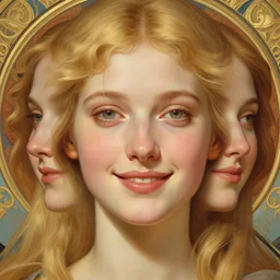 beautiful symmetrical face, portrait of young woman blessed by god with ever - increasing physical and mental perfection, realism, blonde hair, coquettish perfect face!! intricate, elegant, highly detailed, vision of holy perfection!! smile, digital painting, artstation, concept art, smooth, sharp focus, illustration, art by artgerm and greg rutkowski and alphonse mucha