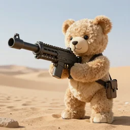 cinematic shot of a teddy bear hip - firing a minigun in the desert, 8 k, depth of field, very intricate, very detailed,