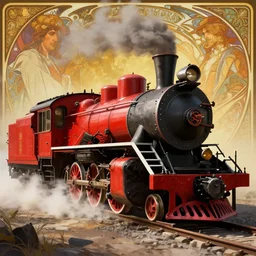 futuristic sleek steam locomotive in red dead redemption 2 by greg rutowski, by alphonse mucha, by stanley artgerm