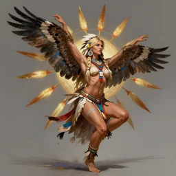 artistic image of a confident and mature looking dancing eagle woman, doing a sun dance, beautiful blue eyes and and blonde hair, perfect fit body, lakota sioux art by artgerm and greg rutkowski and magali villeneuve, highly detailed, digital painting, trending on artstation, concept art, sharp focus, illustration, masterpiece