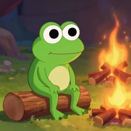 adorable small pepe the frog sitting on a log next to a campfire, pixar, disney, animated, dynamic lighting