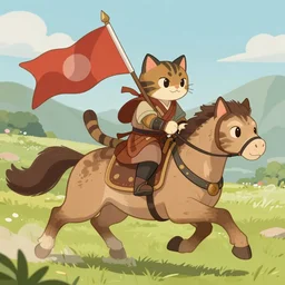 photo of a small warrior cat carrying his battle flag while riding a large cat steed that is galloping into battle
