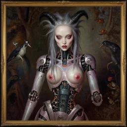 album cover of Grimes as an evil robot cyborg character in a romantic pre-raphaelite style by dante