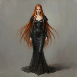 ultra realist soft painting portrait of a single gothic mage in a full long curvy slim dress in Demon Souls, thin long auburn hair, symmetry accurate features, very intricate details, volumetric lighting, by Tom Bagshaw Boris Vallejo