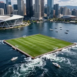 modern city with green grass soccer stadium, navy blue lake with many small boats and many yachts, turbulent reflective foamy water, photorealistic, hyperdetailed, beautiful, epic scene, dramatic lighting, 8 0 0 mm lens