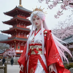 beautiful albino maiko traditionsl hakama in a pagoda, detailed, jewelry, very long hair, fantasy, sakura,photograph, award wining, red and white, trending on artstation, punk attitude, 4k, unreal engine 5, octane render, neon highlights