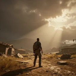 Yung Lean in a cutscene from Fallout New Vegas, wide shot, low angle, screenshot
