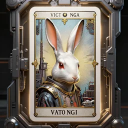 a cyberpunk metal hyperdetailed beautiful 4 k hd wallpaper tarot card design, the content of which is a rabbit head and a retropunk background, outside the picture is a cyberpunk mechanical frame, simple and perfect structure, style of victo ngai, james jean, daniel merriam, backlight, elegant, smooth, octane render