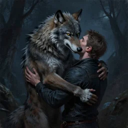 a realistic painting of a werewolf at night hugging a man, dark fantasy art, matte painting, highly detailed