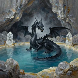 highly detailed oil painting of a hotspring in a quartz cave with a black dragon sitting in the middle of it