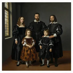 super quality family portrait in the main room of the castle painted in 1 6 5 6, dark room, one point of light coming through the window inspired by las meninas, clear spaces between each subject and good detail and realistic eyes, faces for each person in the canvas by leesha hannigan, ross tran, thierry doizon, kai carpenter, ignacio fernandez rios