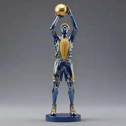 a statue made of blue glass and goldleaf, of corn playing basketball, transhumanism, full body shot, perfect symmetrical body, perfect symmetrical face, hyper realistic, hyper detailed, by johannen voss, by peter kemp, by monia merlo, by michelangelo, by alex grey, octane render, blender, 8 k