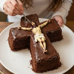 jesus christ eating a cross shaped chocolate cake