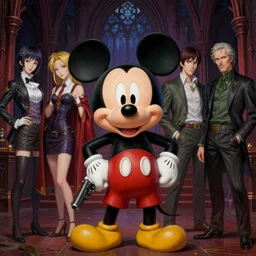 realistic detailed image of Mickey Mouse holding a gun, Ayami Kojima, Amano, Karol Bak, Greg Hildebrandt, and Mark Brooks, Neo-Gothic, gothic, rich deep colors. Beksinski painting. art by Takato Yamamoto. masterpiece. ultra details, high quality, high resolution .