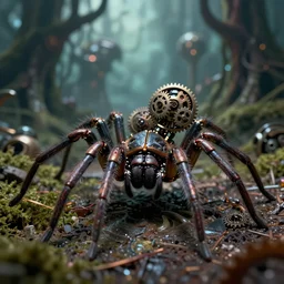 macro photo of an intricate biomechanical spider, on the background of a weird magical mechanical forest. Round gears visible inside her hear. Very detailed 8k. Fantasy cyberpunk horror. Sharp. Cinematic post-processing