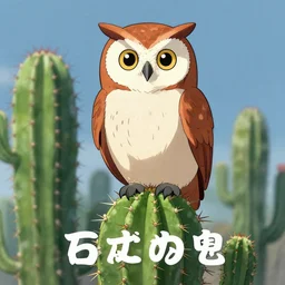 Anime Art Of An Owl Sitting On A Cactus With Japanese Text On The Bottom