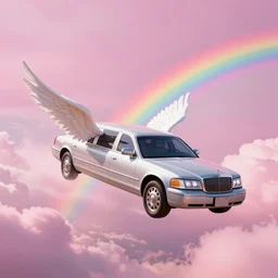 Angel-winged limousine flying into a cloudy but sunny pink sky - rainbow on the background - ultradetailed, trending on artstation, devianart, cgsociety