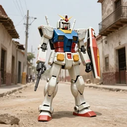 A gundam war machine standing in the street of an old dusty Mexican town, photorealistic