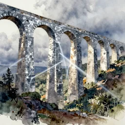 aqueduct, pinterest, artstation trending, behance, watercolor, by coby whitmore, silver, laser light,