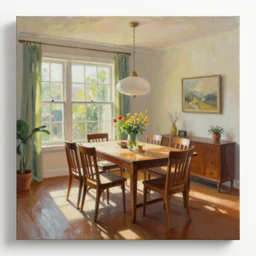 an acrylic painting of a sunlit dining room