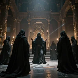 An Enigmatic Ritual Performed by hooded figures in a detailed temple with dynamic lights and shadows, Roger Deakins, Cinematic Lighting, highly detailed, 8k