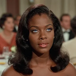 the image is a lost hollywood film still 1 9 5 0 s photograph of a black woman with ebony skin, long hair, and silver - colored eyes attending a annual diplomatic reception. vibrant cinematography, anamorphic lenses, crisp, detailed image in 4 k resolution.