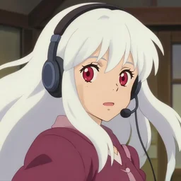 anime film still portrait of a japanese young woman, large red eyes!!!!, long, white hair!!!!, wearing a headset in her room interior, detailed facial features, dynamic pose, cute face by ilya kuvshinov, makoto shinkai takashi takeuchi studio ghibli, akihiko yoshida, 4 k