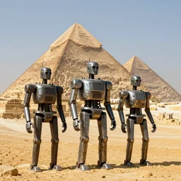 hyper high ancient iron robots building the gizah pyramids