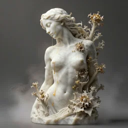 a sculpture of a person with flowing golden tears, fractal plants and fractal flowers on the skin, a marble sculpture by nicola samori, behance, neo - expressionism, marble sculpture, apocalypse art, made of mist, octan render