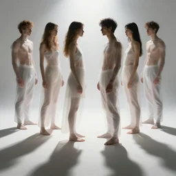 multiple close interacting human figures, transparency, sss, occlusion, high contrast, very long shadows, on white