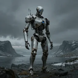 steam punk, robot, humanoid, , ominous, organic, desaturated, 8K matte, bad gray and blue lighting, cold norse landscape, epic scene by Emil Melmoth by Gustav Klimt