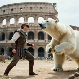 Bill Gates is a face-uncobered gladiator and fights against a polar bear in the Colosseum. Film scene. Dramatic.