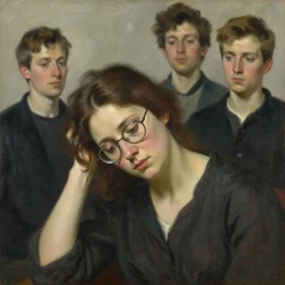 a painting of a tired mother with brown hair and glasses. by artgerm and greg rutkowski and ilya kuvshinov and bouguereau.