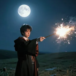 a young adult wizard with very realistic face and hair points their wand from which a blast of bright magic flies from the end, on an empty moonlit hill, dramatic lighting, lens flare, cinematic photography