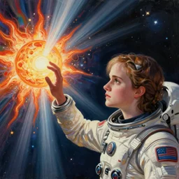 painting, emma watson, light beams, above earth, cinematic lighting, outer space, touching sun beam, erupting colors, eva suit, sad, medium close up, extremely detailed, sharp focus, by artgerm and greg rutkowski and alphonse mucha and maya takamura, [ [ [ wlop ] ] ], intricate, beautiful, trending on artstation, pixiv